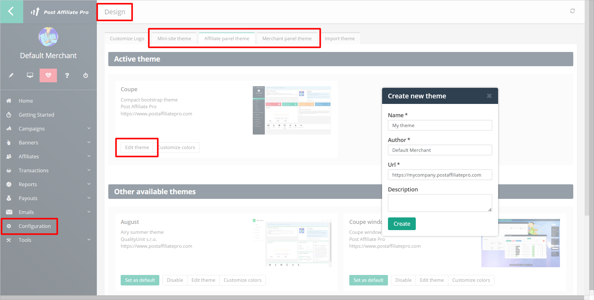 Panel de Diseño de Post Affiliate Pro mostrando las pestañas de tema de Minisitio, tema de Panel de Afiliados y tema de Panel de Comerciante, con el diálogo Crear nuevo tema abierto