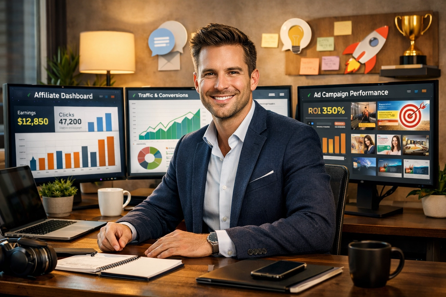 Afiliado exitoso trabajando con herramientas de análisis y marketing