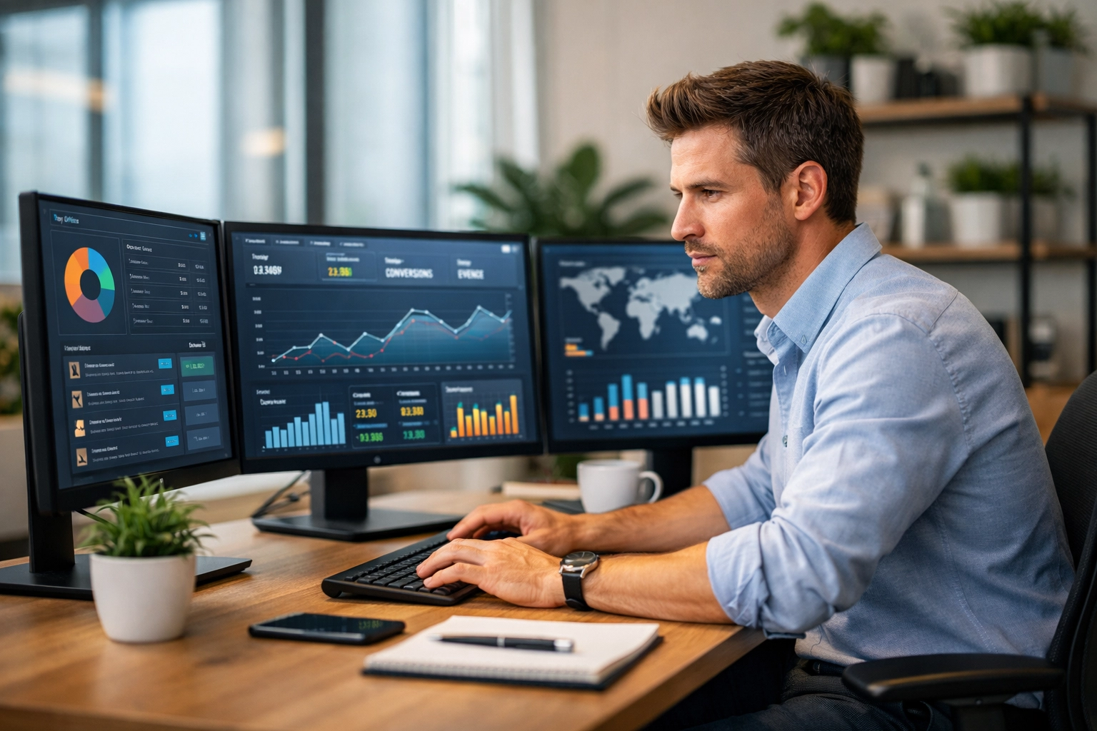 Professional affiliate manager working at modern desk with analytics dashboards