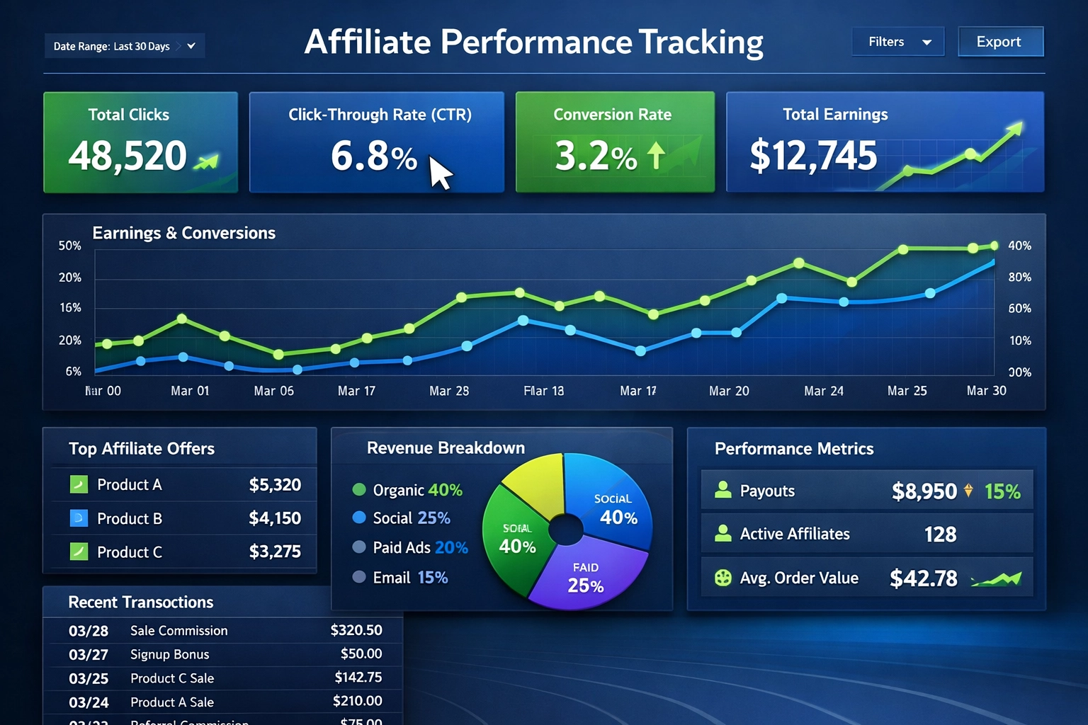 Affiliate link tracking analytics dashboard showing performance metrics