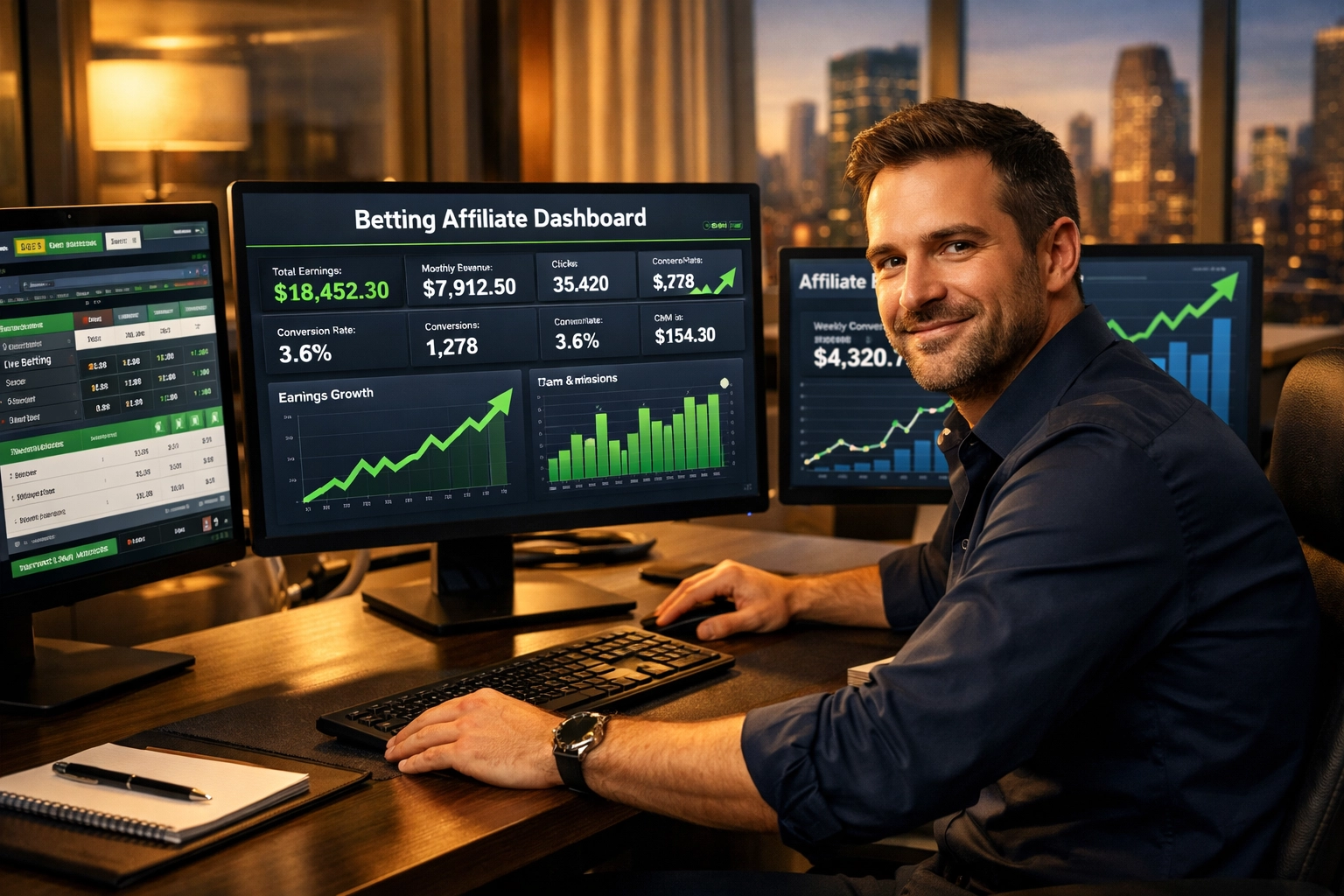 Afiliado de marketing revisando un panel de analítica con gráficos de crecimiento en tendencia ascendente