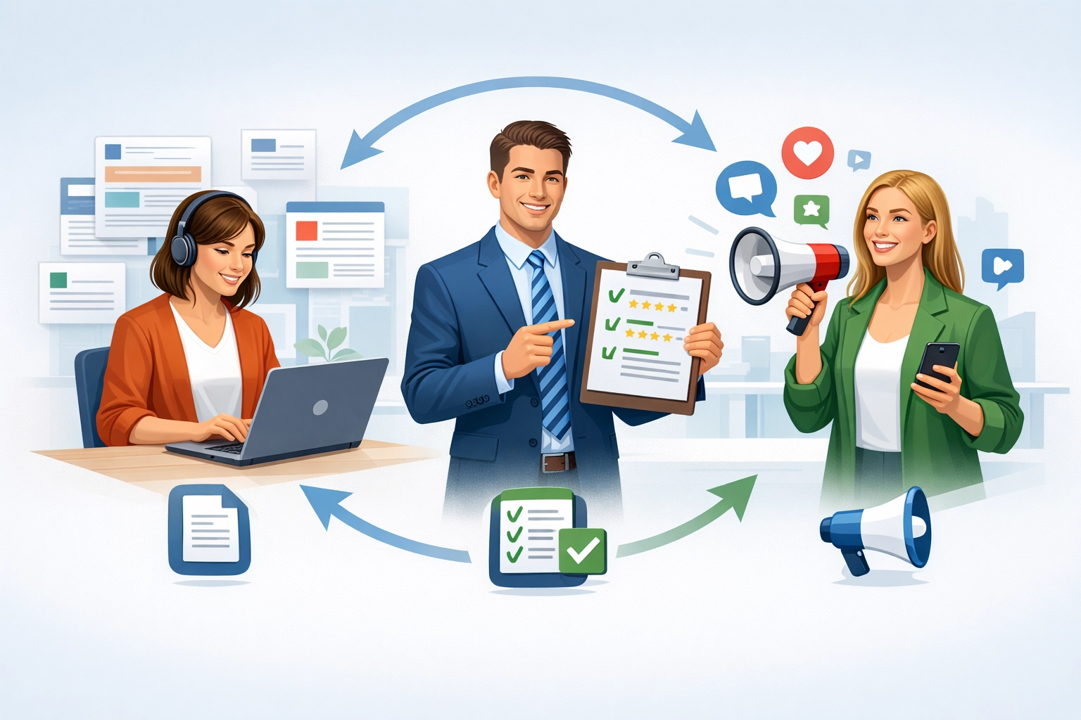 Tres tipos de afiliados: creadores de contenido, expertos en reseñas e influencers trabajando juntos