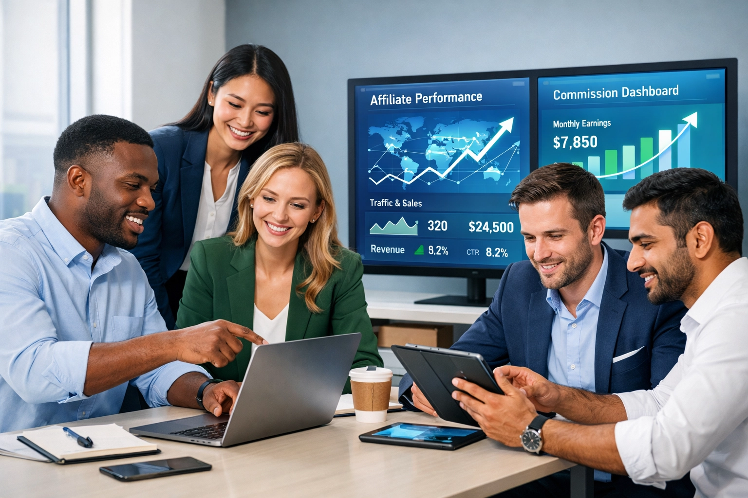 Equipo diverso de marketers afiliados colaborando con paneles digitales