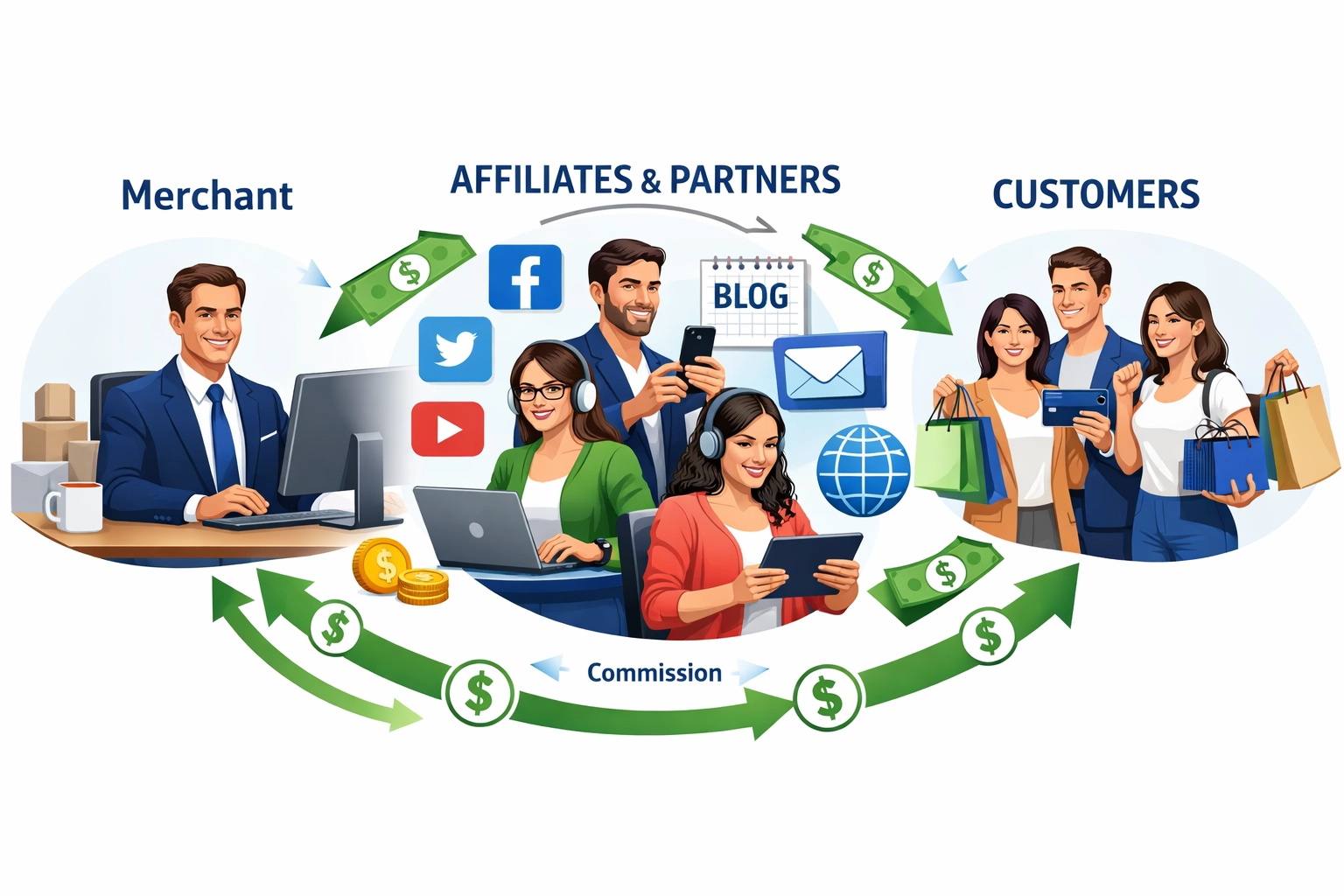 Affiliate marketing ecosystem showing business owner, affiliates, and customers with commission flow
