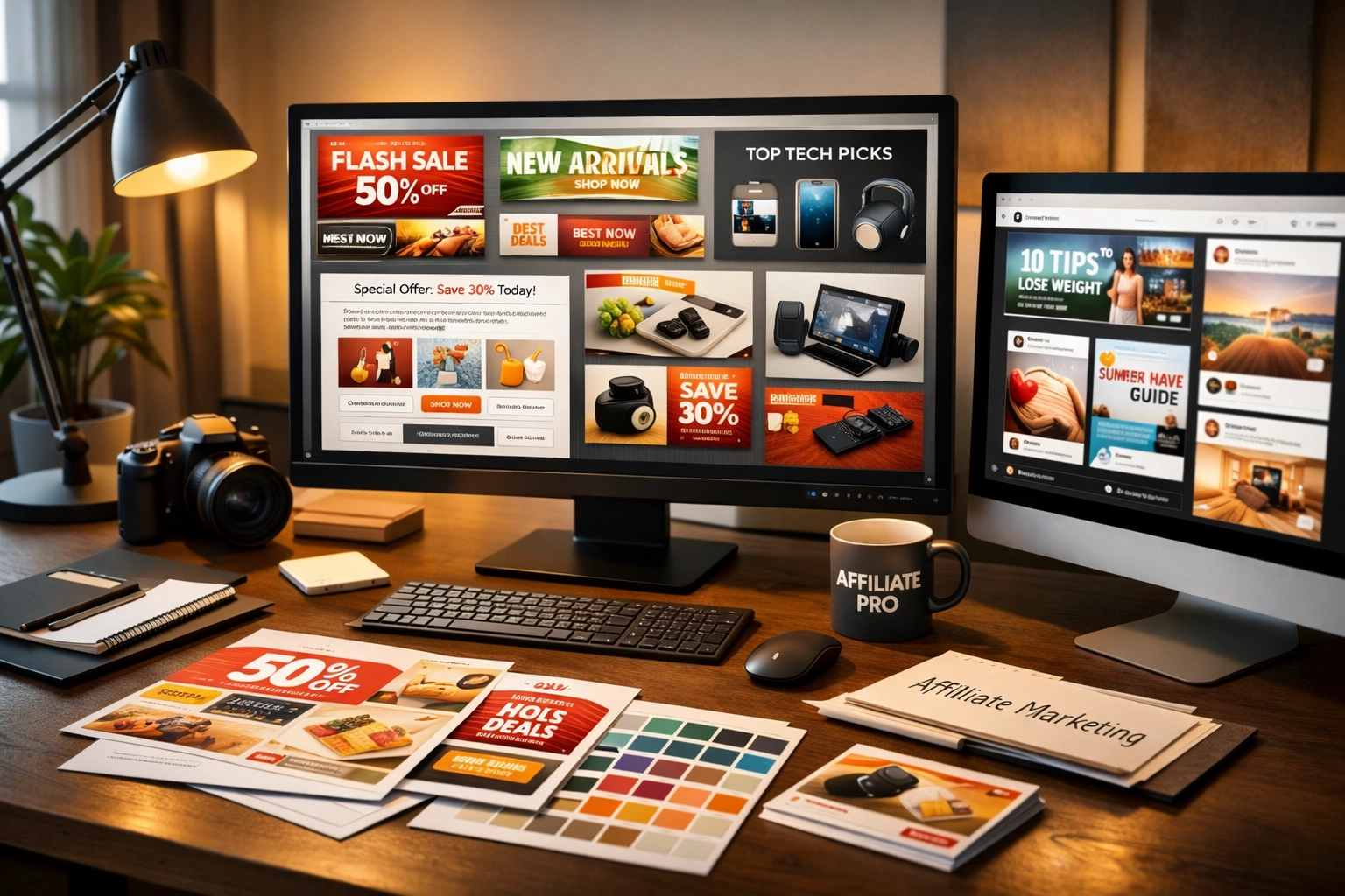 Professional affiliate marketer workspace with promotional materials displayed on computer screens