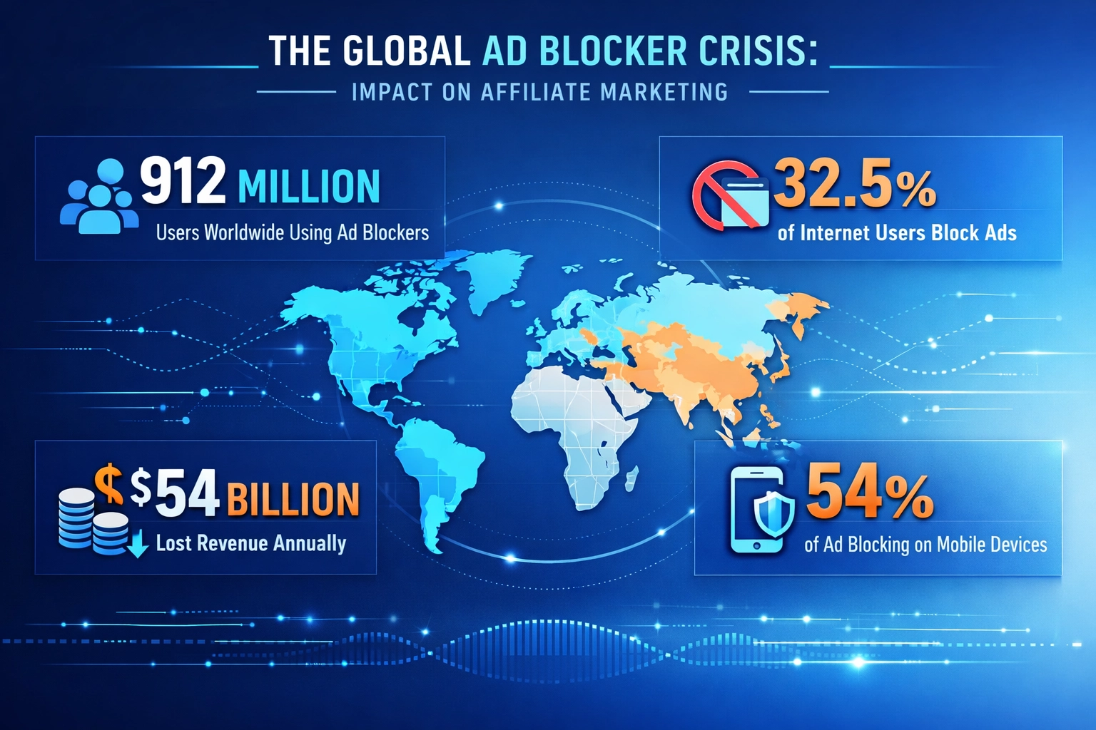 Impacto de la crisis global de bloqueadores de anuncios en el marketing de afiliados mostrando 912 millones de usuarios, 32,5% de penetración, 54 mil millones en pérdidas y 54% de bloqueo móvil