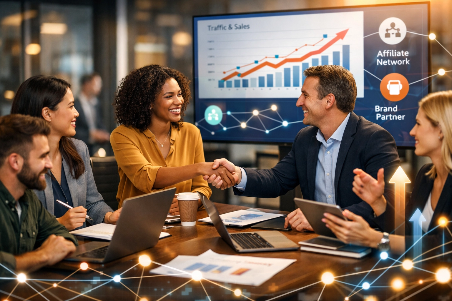 Professional affiliate marketing team collaborating with brand representatives