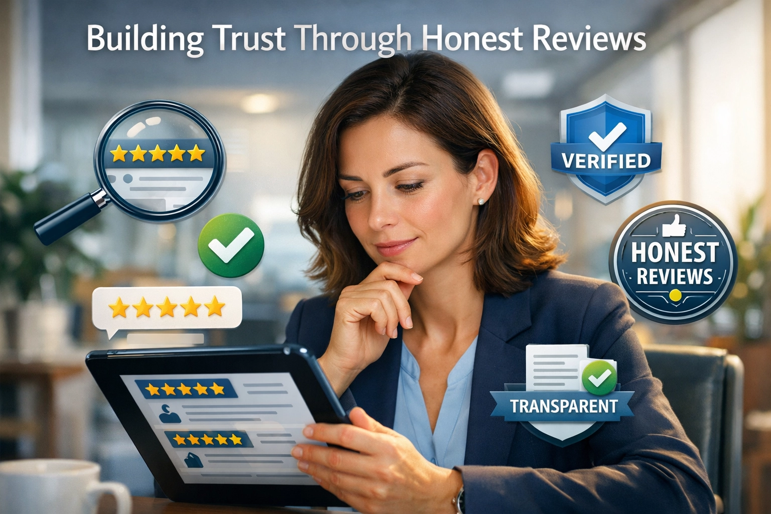 Professional illustration showing a person reading product reviews with trust indicators and credibility symbols