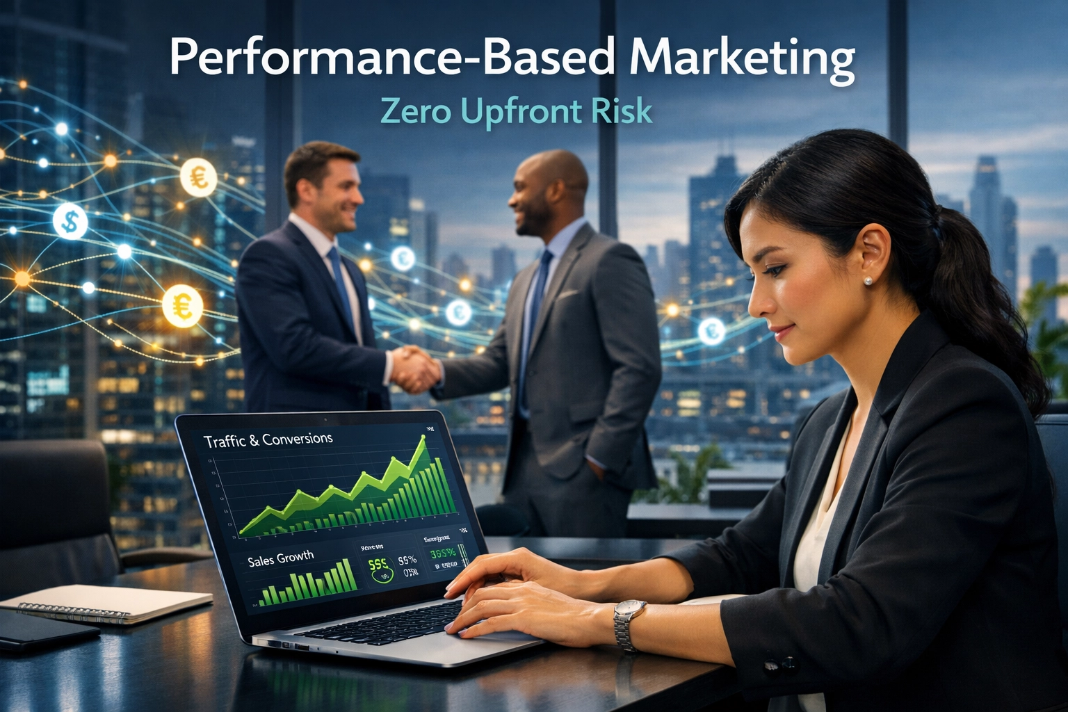 Professional team analyzing affiliate marketing performance with growth charts and successful partnerships