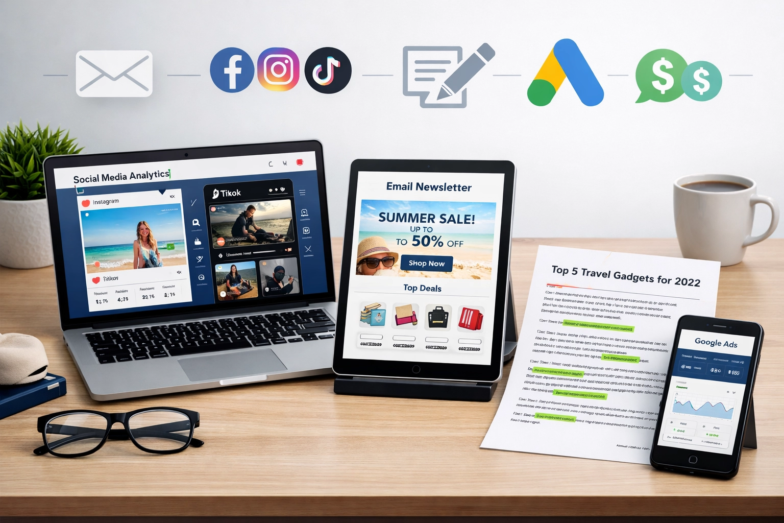 Múltiples canales de marketing de afiliados, incluyendo redes sociales, email, creación de contenido y publicidad pagada