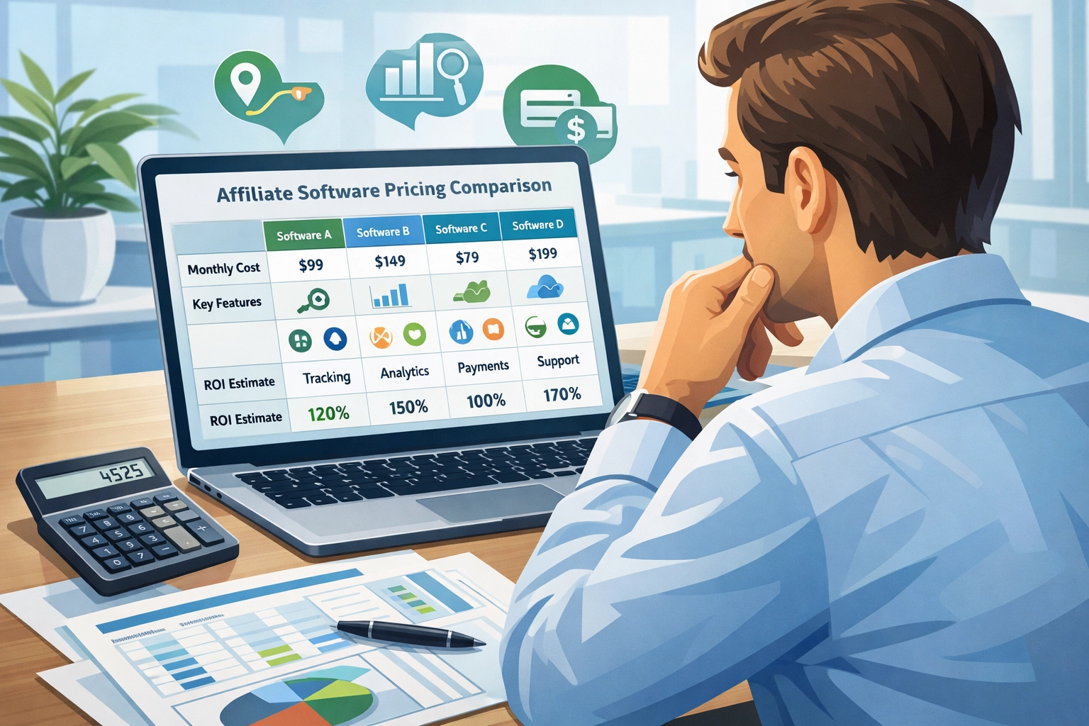 Profesional analizando la comparación de precios de software de afiliados en pantalla de ordenador