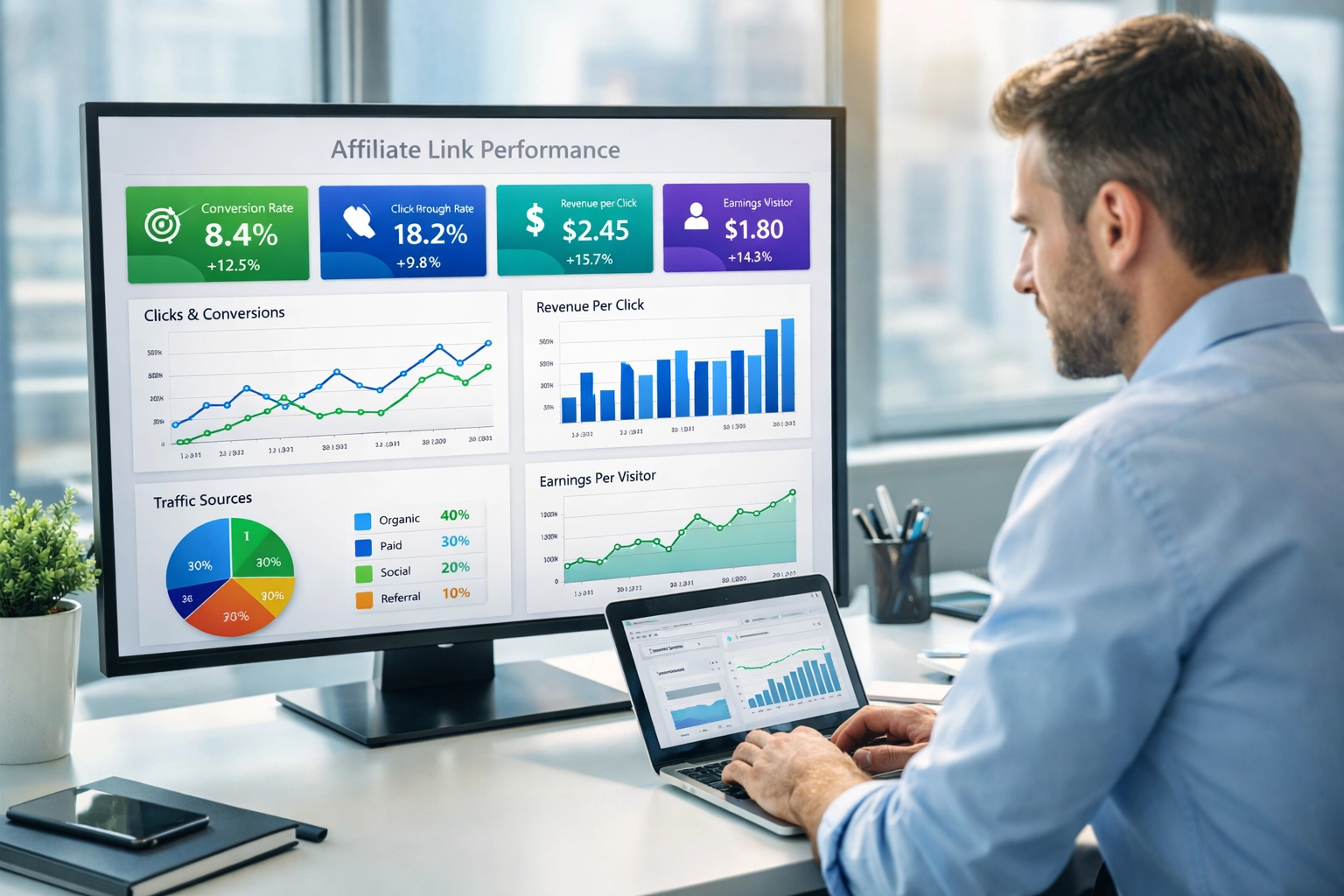 Panel de analítica profesional mostrando métricas de rendimiento de enlaces de afiliado con tasas de conversión, tasas de clics y datos de ingresos