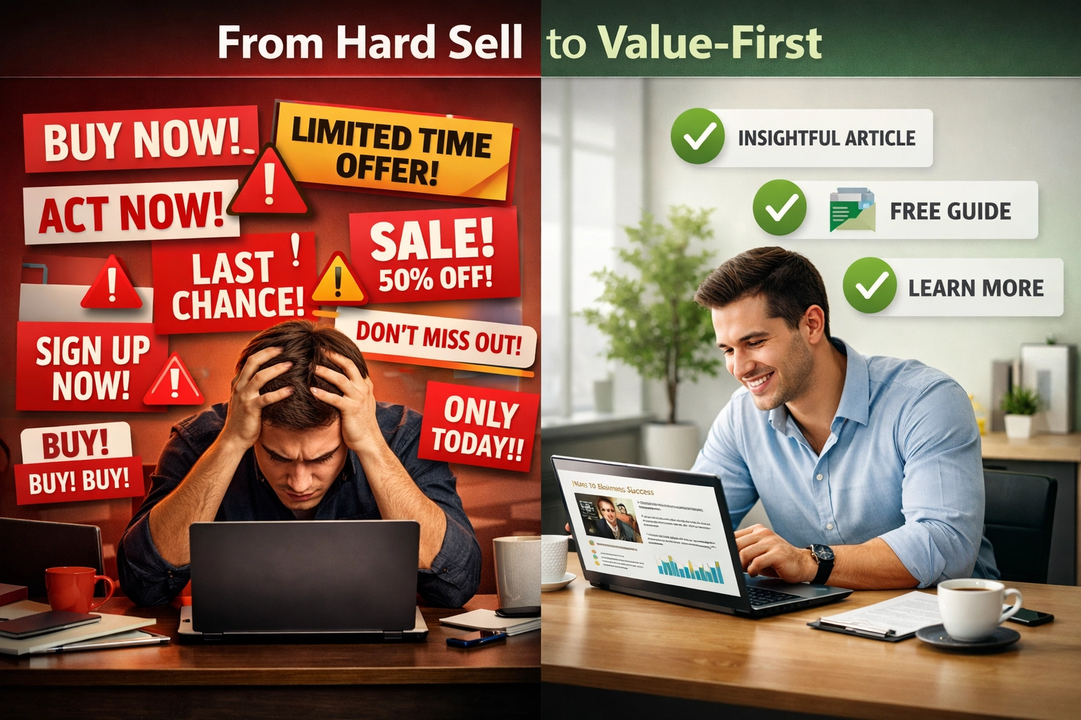 Contrast between aggressive sales tactics and value-based content marketing