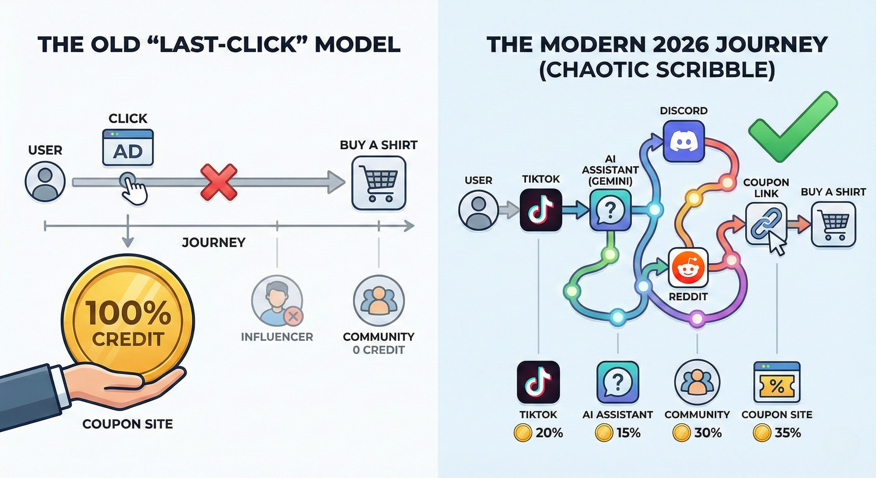 Recorrido del cliente que muestra el modelo de atribución de último clic dando el 100% del crédito al enlace de cupón final mientras ignora las contribuciones del creador de TikTok, el asistente de IA y la comunidad de Discord