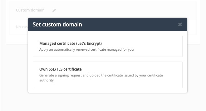 Diálogo Establecer dominio personalizado de Post Affiliate Pro con opción de certificado Let's Encrypt
