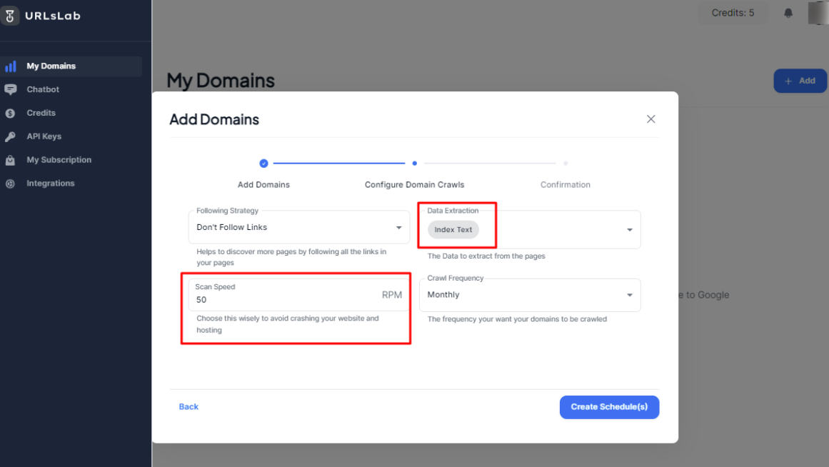 URLsLab - configurar extracción de datos