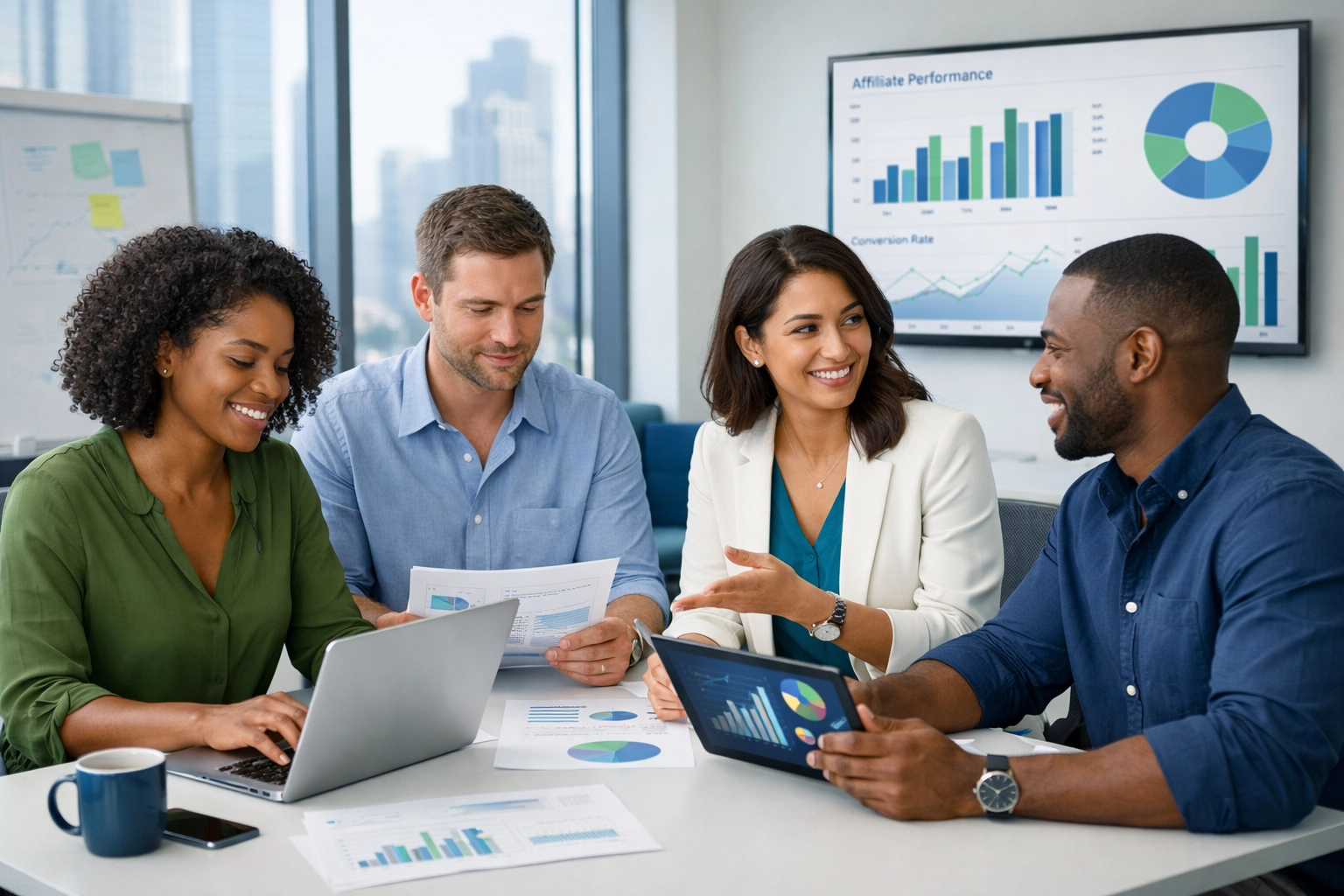 Diverse team of affiliate marketers collaborating in modern office