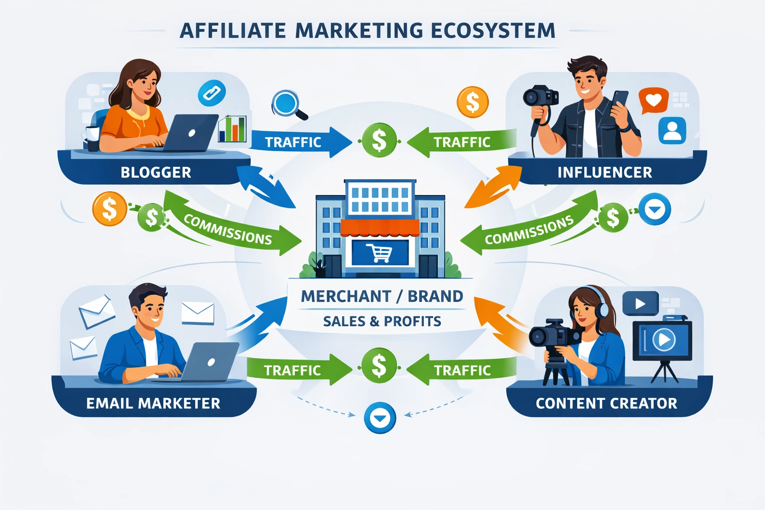Affiliate marketing ecosystem showing merchants, affiliates, and commission flow