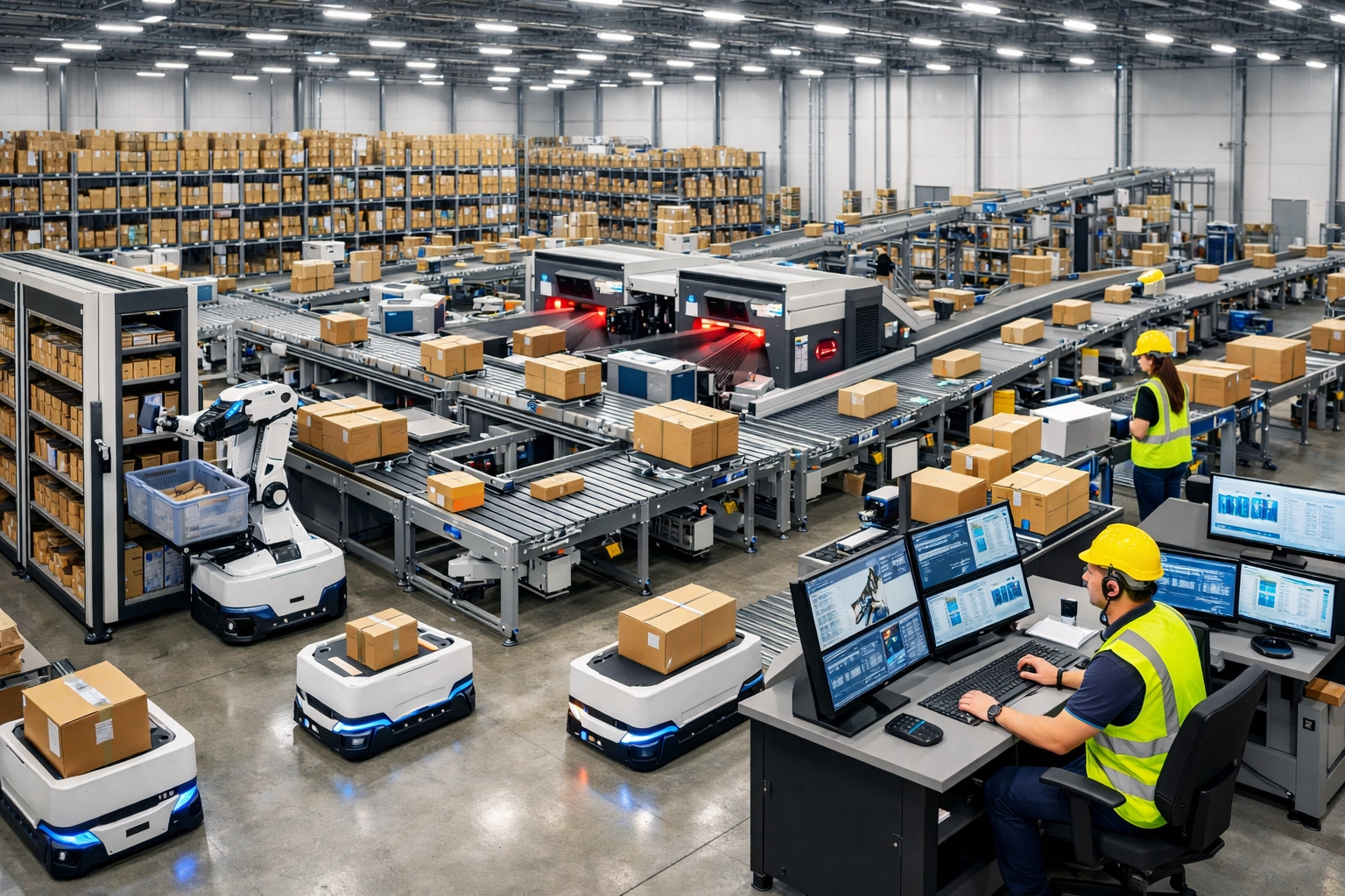 Modern warehouse with automated robots and conveyor systems