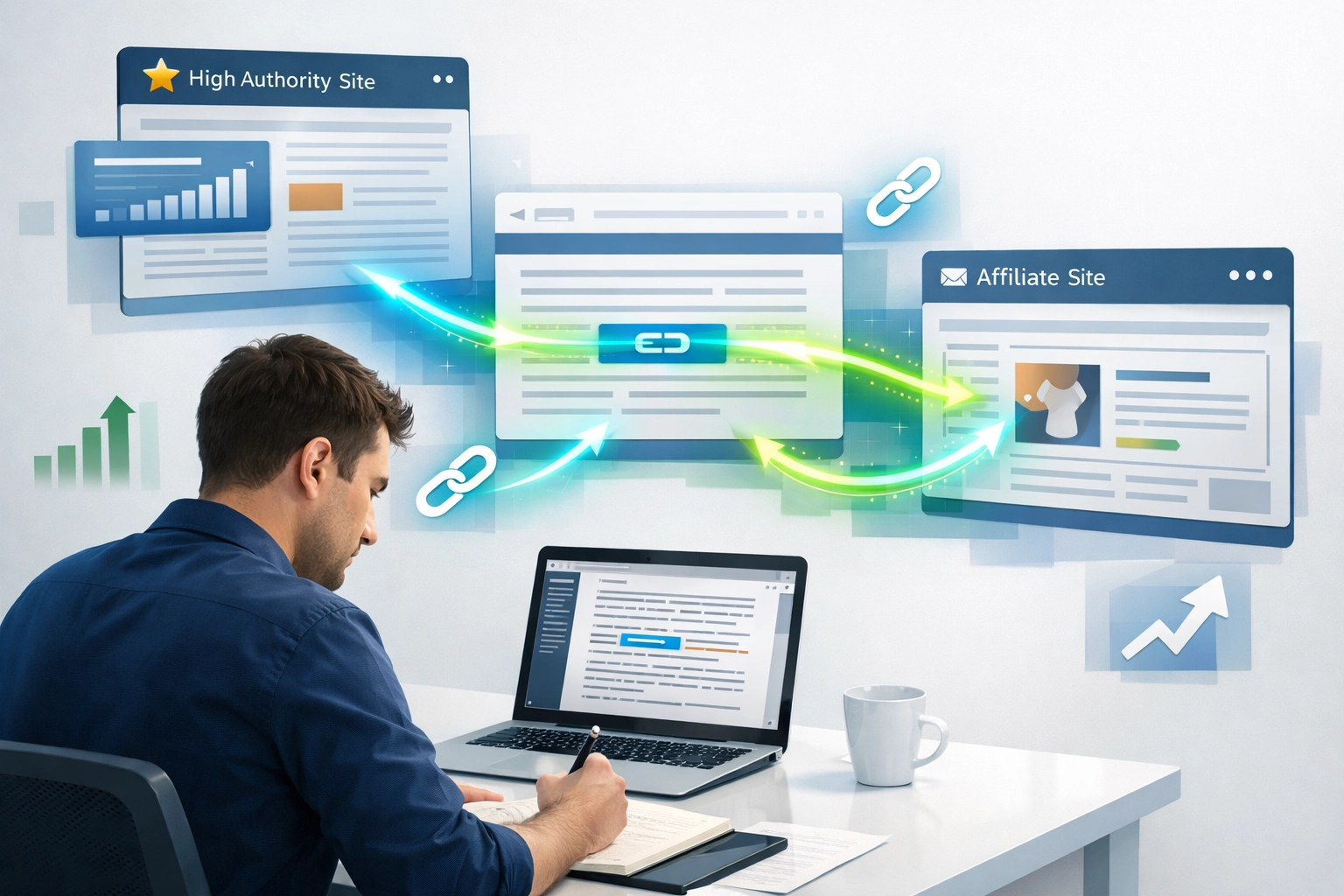 Guest blogging concept showing backlinks connecting between websites with link equity flowing from high-authority sites