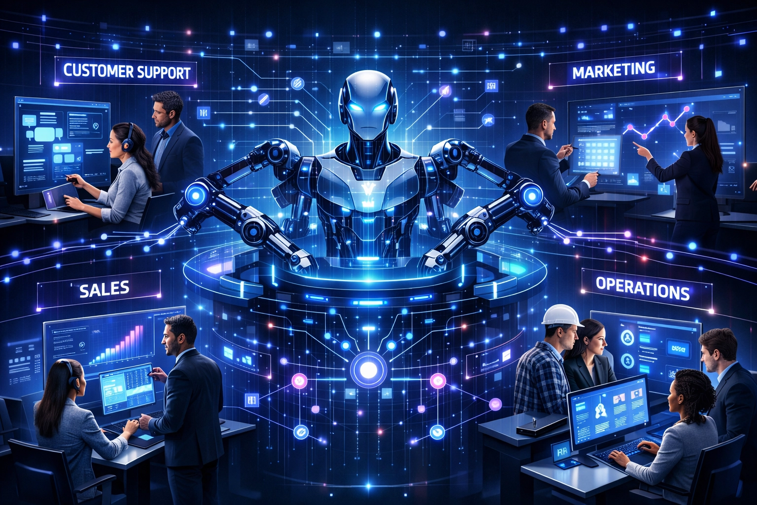 Agentes de IA orquestando flujos de trabajo empresariales en varios departamentos