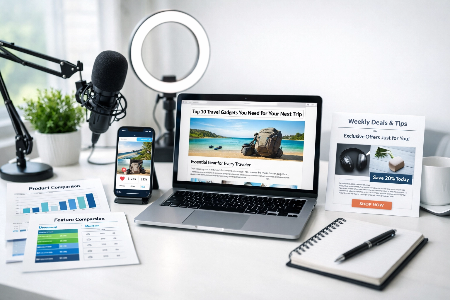 Espacio profesional de marketing digital con múltiples formatos de creación de contenido