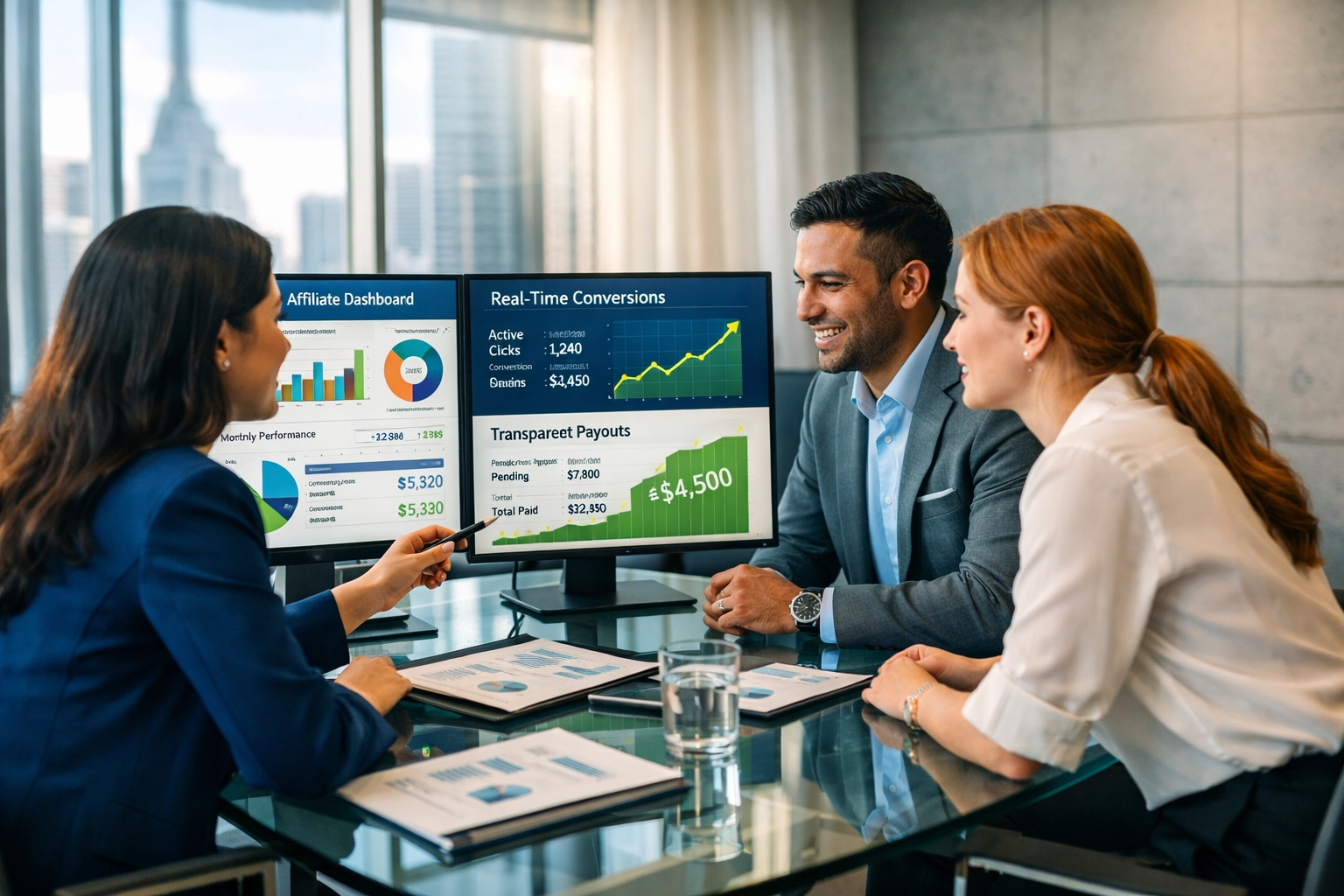 Equipo profesional revisando paneles transparentes de programas de afiliados y métricas financieras