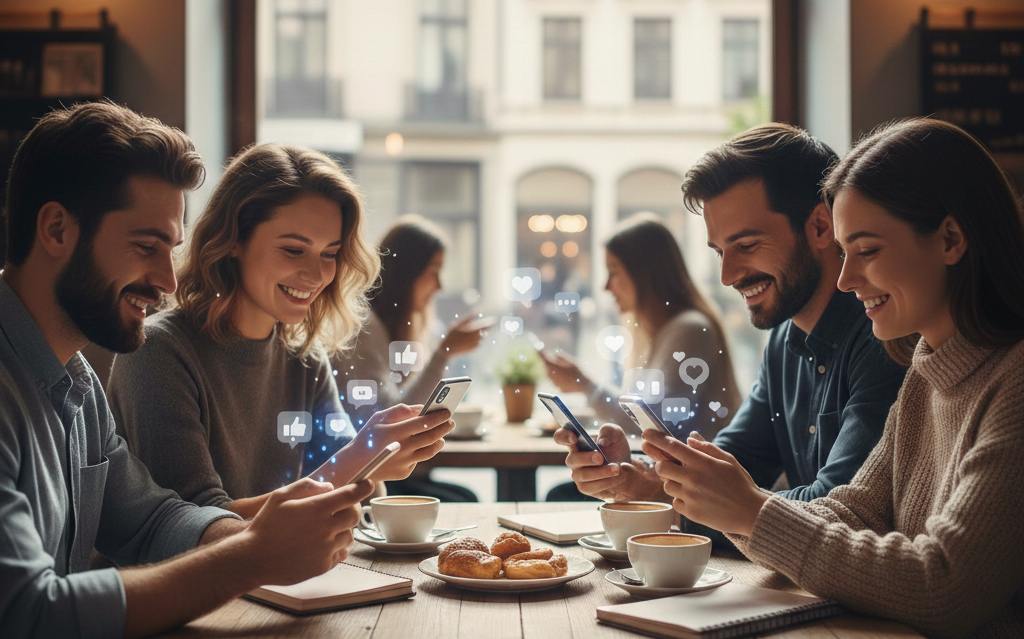 Grupo de personas diversas sentadas en una mesa revisando análisis de redes sociales y métricas de interacción en sus dispositivos móviles