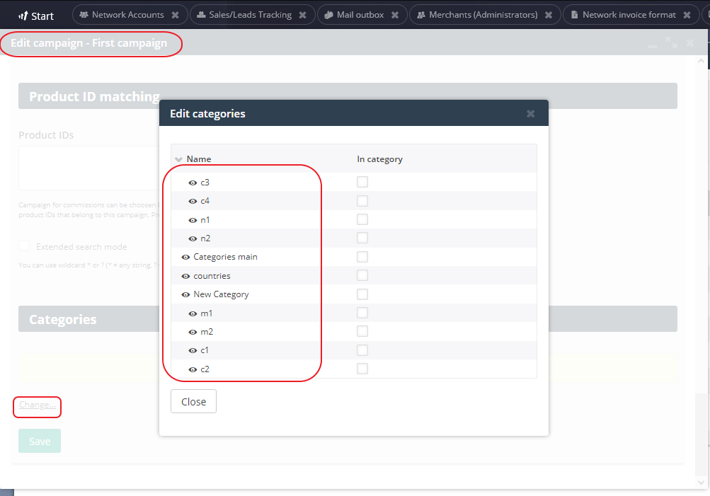 Edición de categoría de campaña mostrando el orden incorrecto