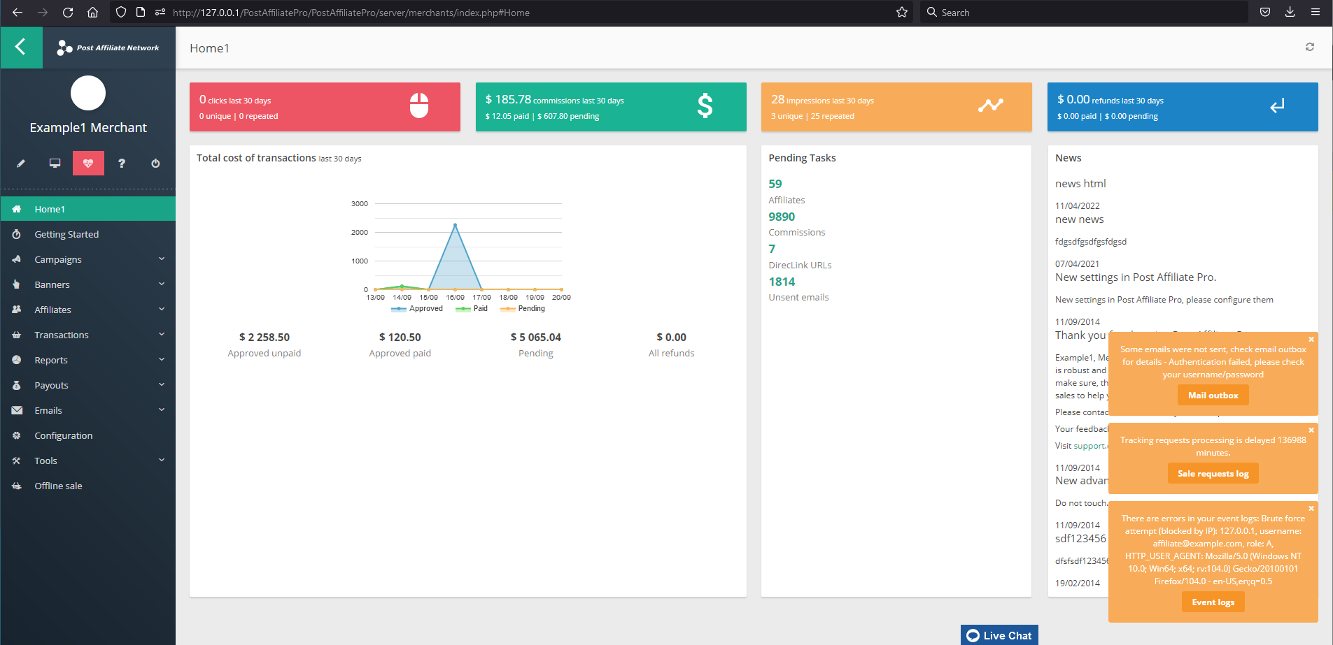 Notificación en la app de Post Affiliate Pro para eventos críticos