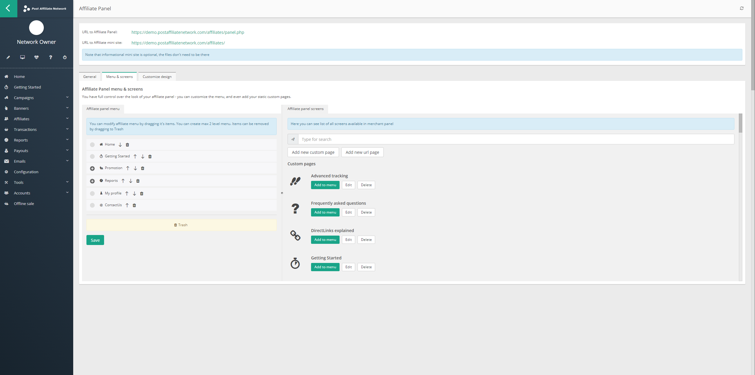 Barra de búsqueda para pantalla de afiliados en la configuración de Post Affiliate Pro