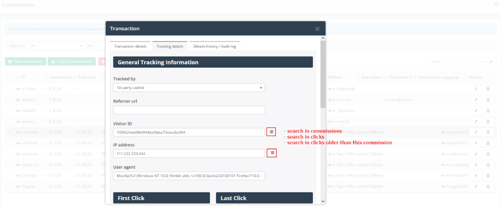 Post Affiliate Pro - nuevo botón de búsqueda en la pantalla de detalles de transacción