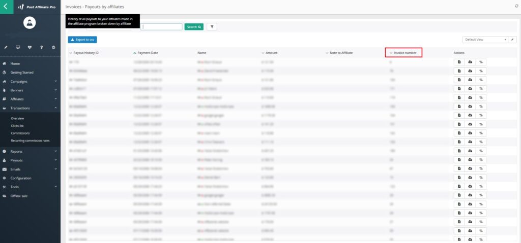 Post Affiliate Pro - búsqueda de factura por número de factura