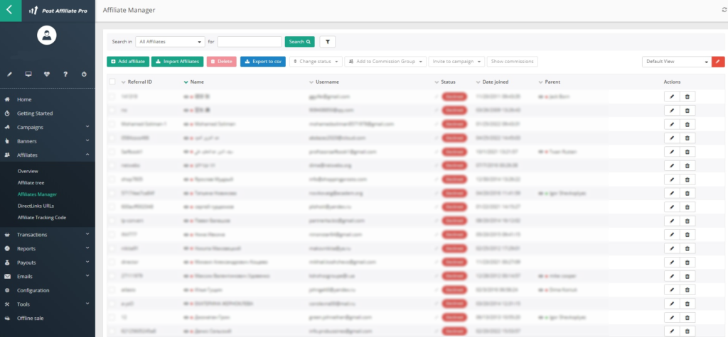 Post Affiliate Pro - Ordenando gestores de afiliados por nombre