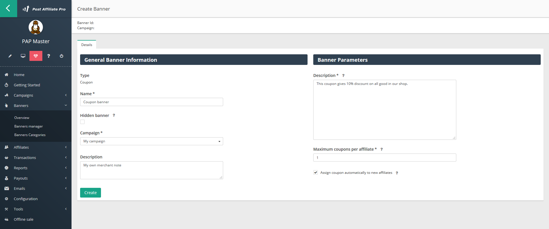 Crear banner de cupón en Post Affiliate Pro
