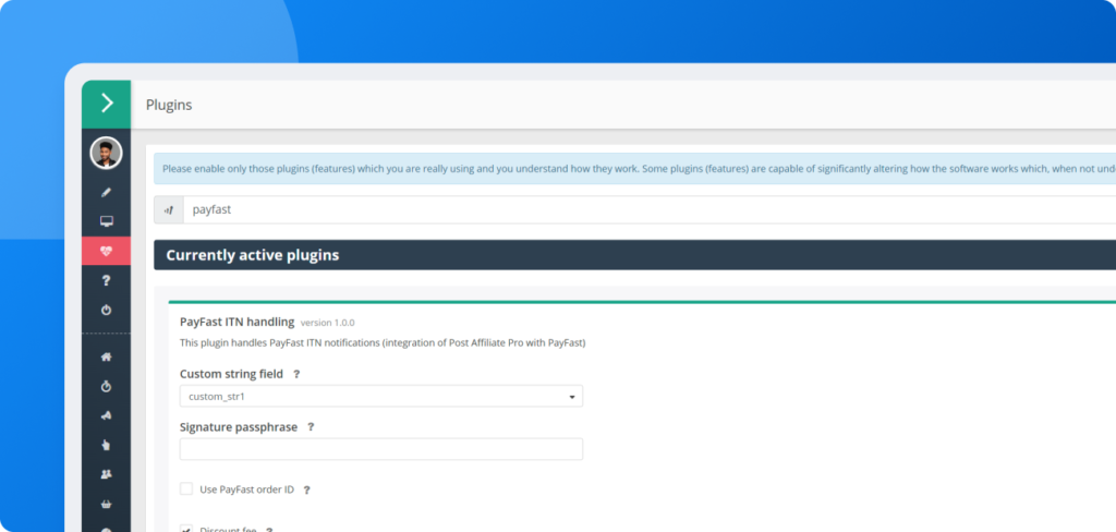 Pantalla de configuración que muestra la activación y configuración del plugin de gestión ITN de PayFast en Post Affiliate Pro