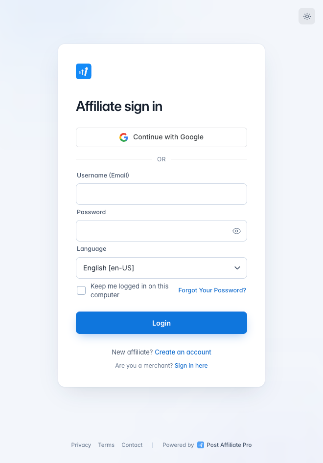 Botón Iniciar sesión con Google de Post Affiliate Pro en la pantalla de inicio de sesión