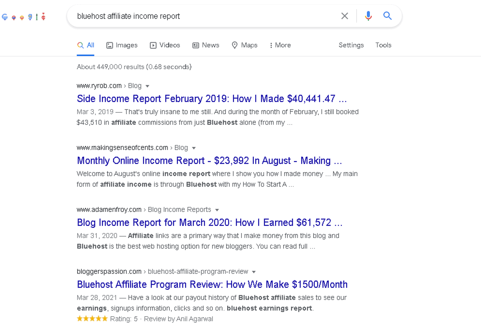 Google results of search for bluehost affiliate income report