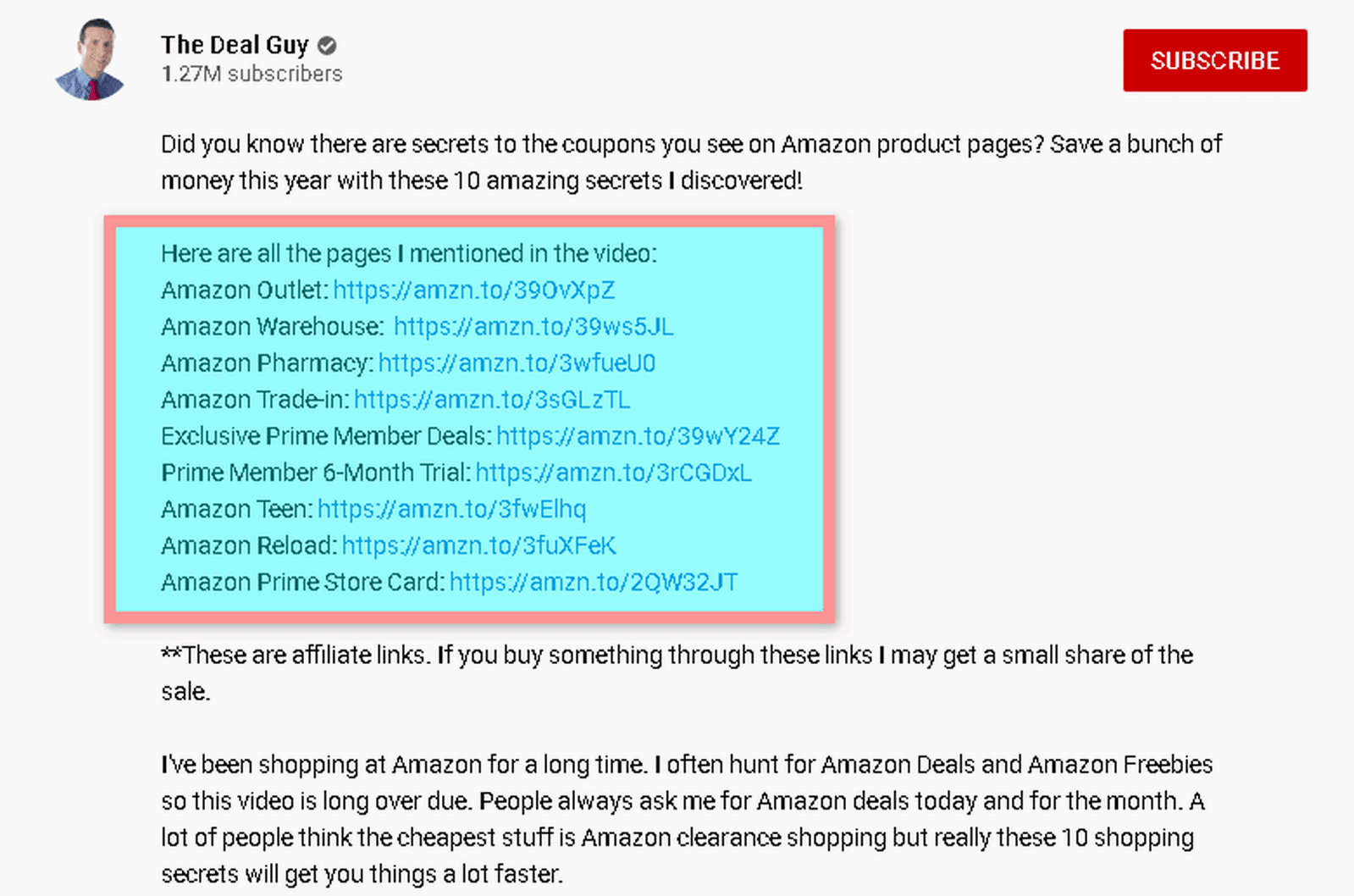 Youtube video description with affiliate links