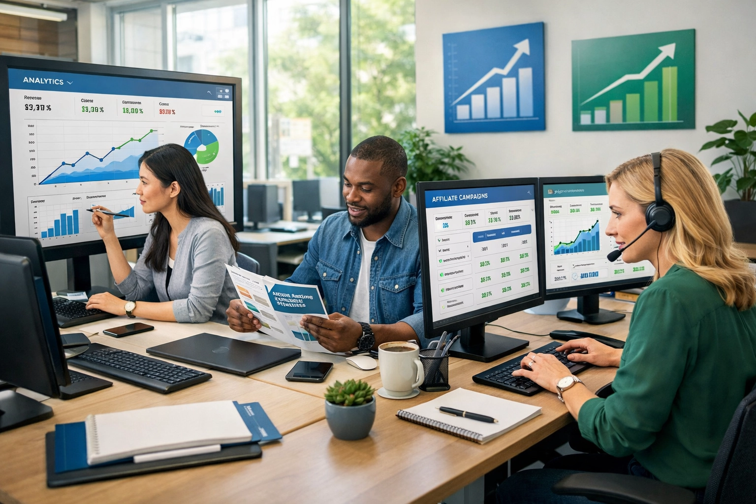 Professional affiliate marketing team collaboration with diverse team members analyzing data and managing campaigns