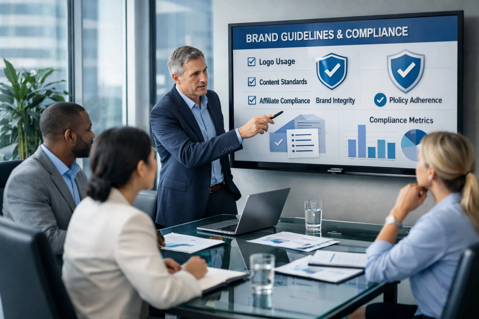 Equipo de negocios profesional discutiendo estrategia de marca y cumplimiento de marketing de afiliados en una oficina moderna