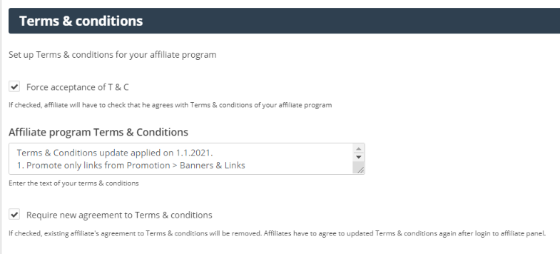 Configuración de Registro de Afiliados en Post Affiliate Pro mostrando el editor de texto de Términos y Condiciones y la casilla Exigir nuevo acuerdo de Términos y Condiciones