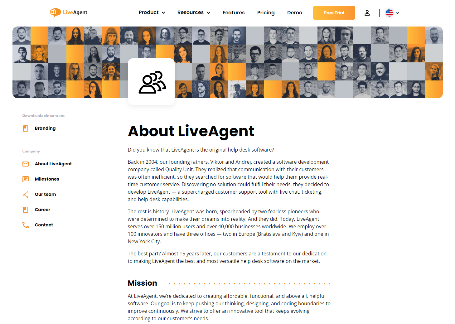 Página Sobre nosotros de LiveAgent