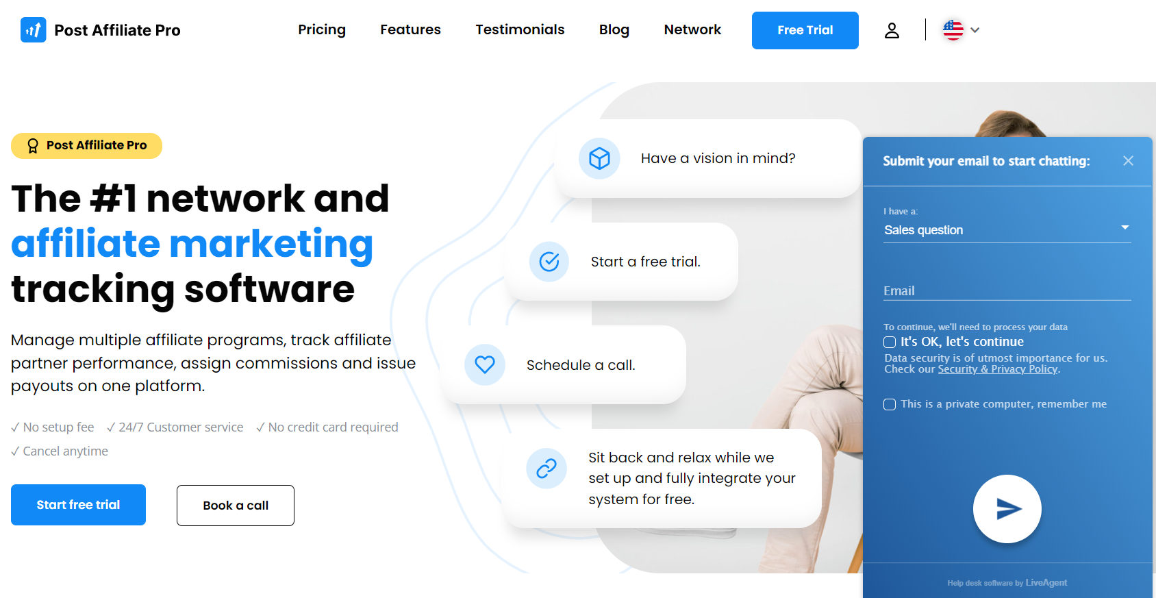 Chat en vivo en la página de Post Affiliate Pro