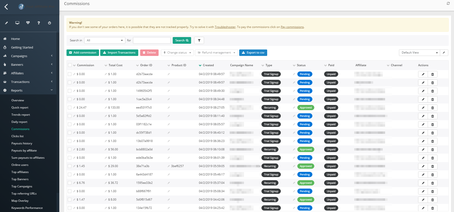 Panel de informes de Post Affiliate Pro mostrando comisiones