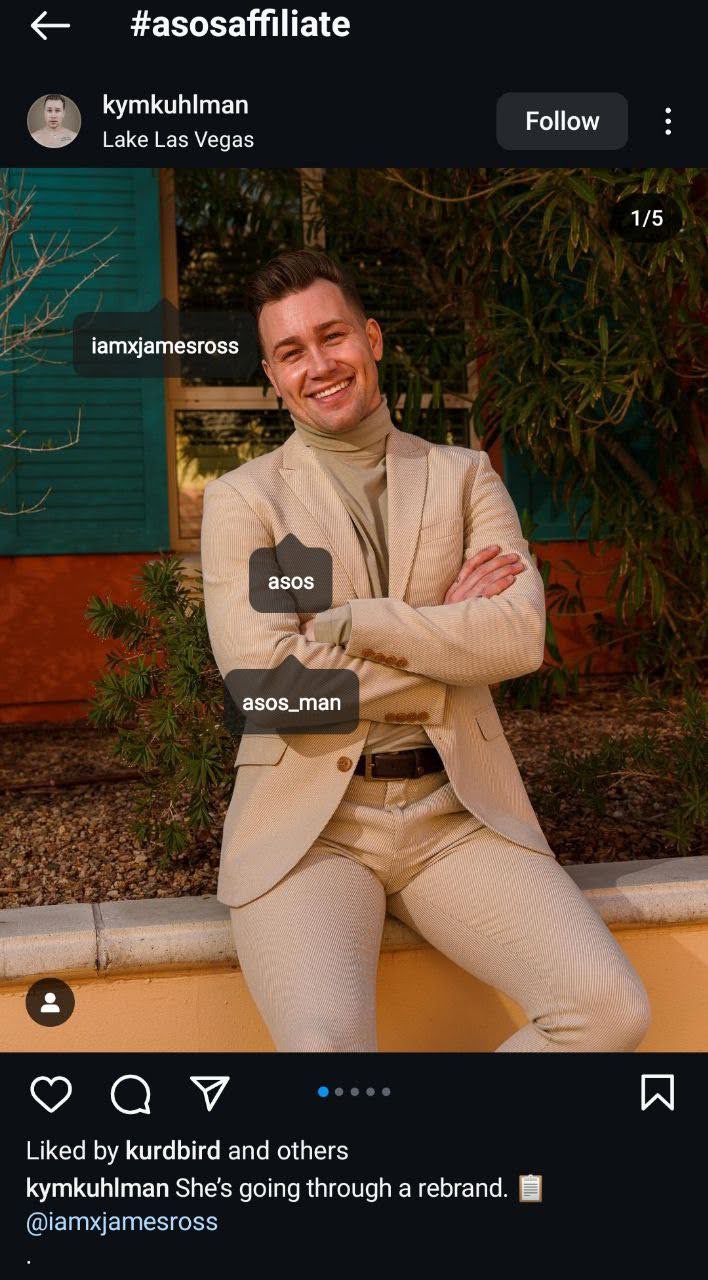 Una captura de pantalla de una publicación de Instagram de @kymkuhlman mostrando ropa como comercializadora de afiliados.