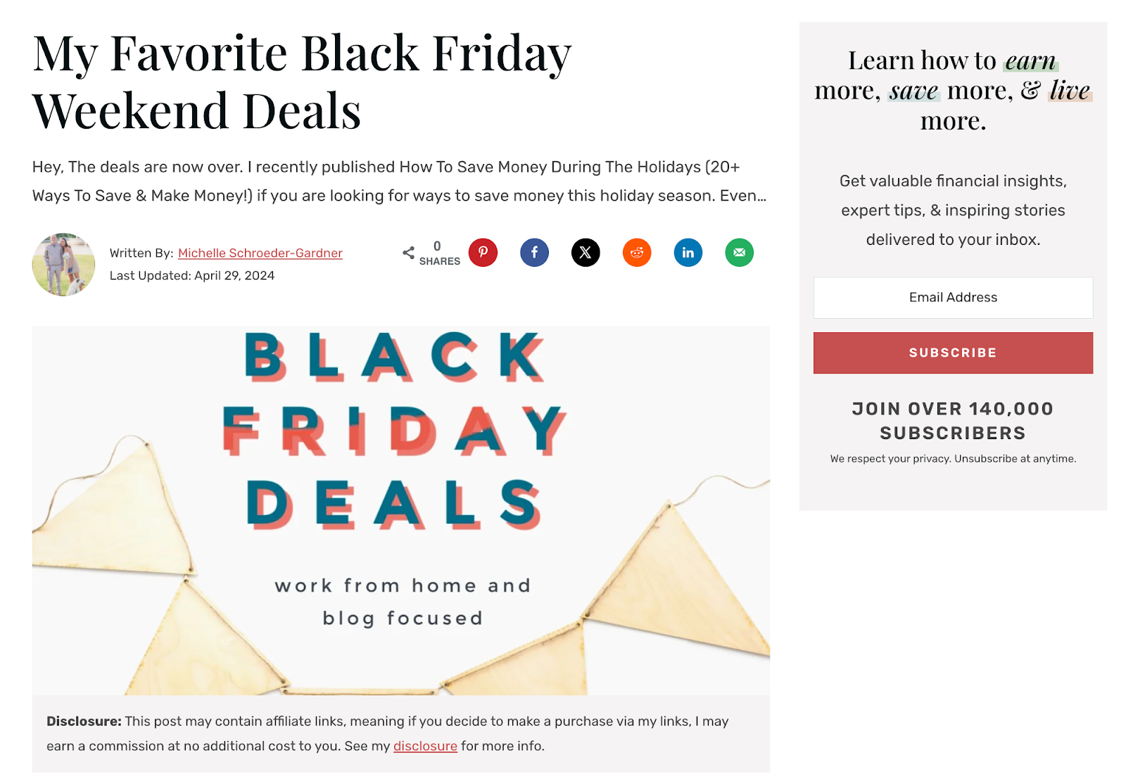 Captura de pantalla de un blog sobre ofertas del Black Friday.