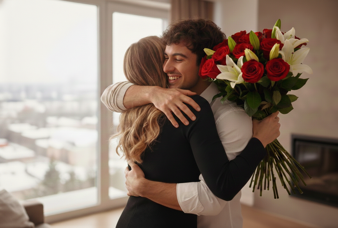 Una mujer sosteniendo flores abrazando a un hombre