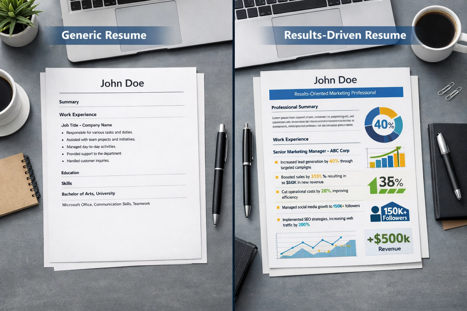 Resume comparison showing metrics-rich resume versus generic resume