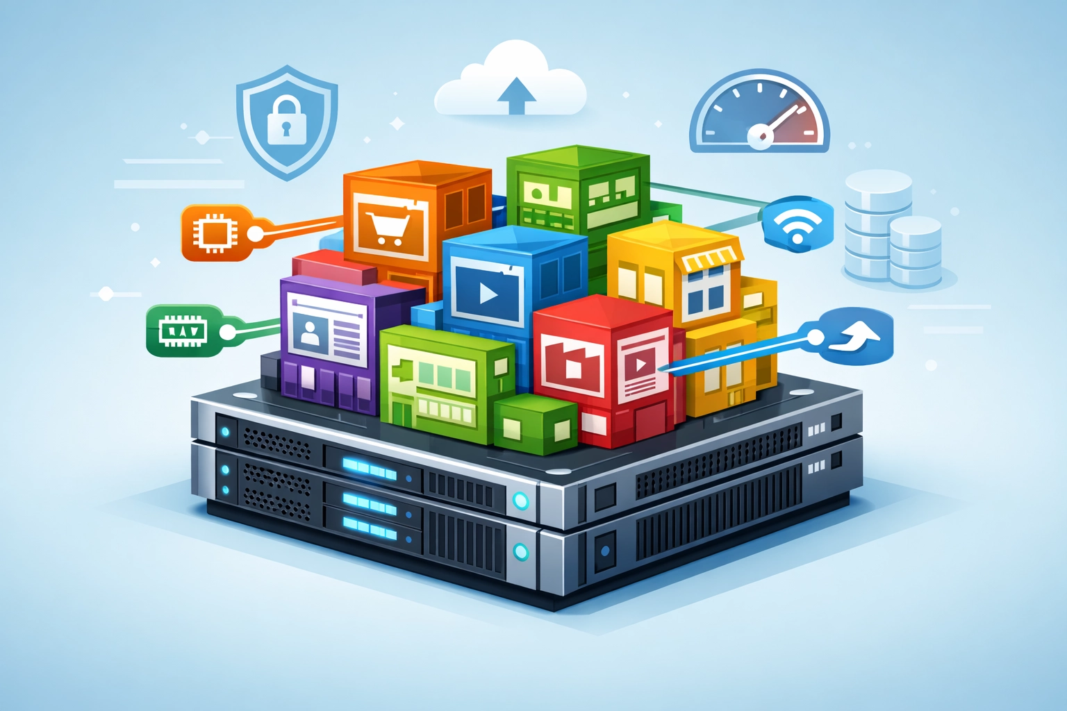 Shared web hosting concept showing multiple websites sharing resources on a single server